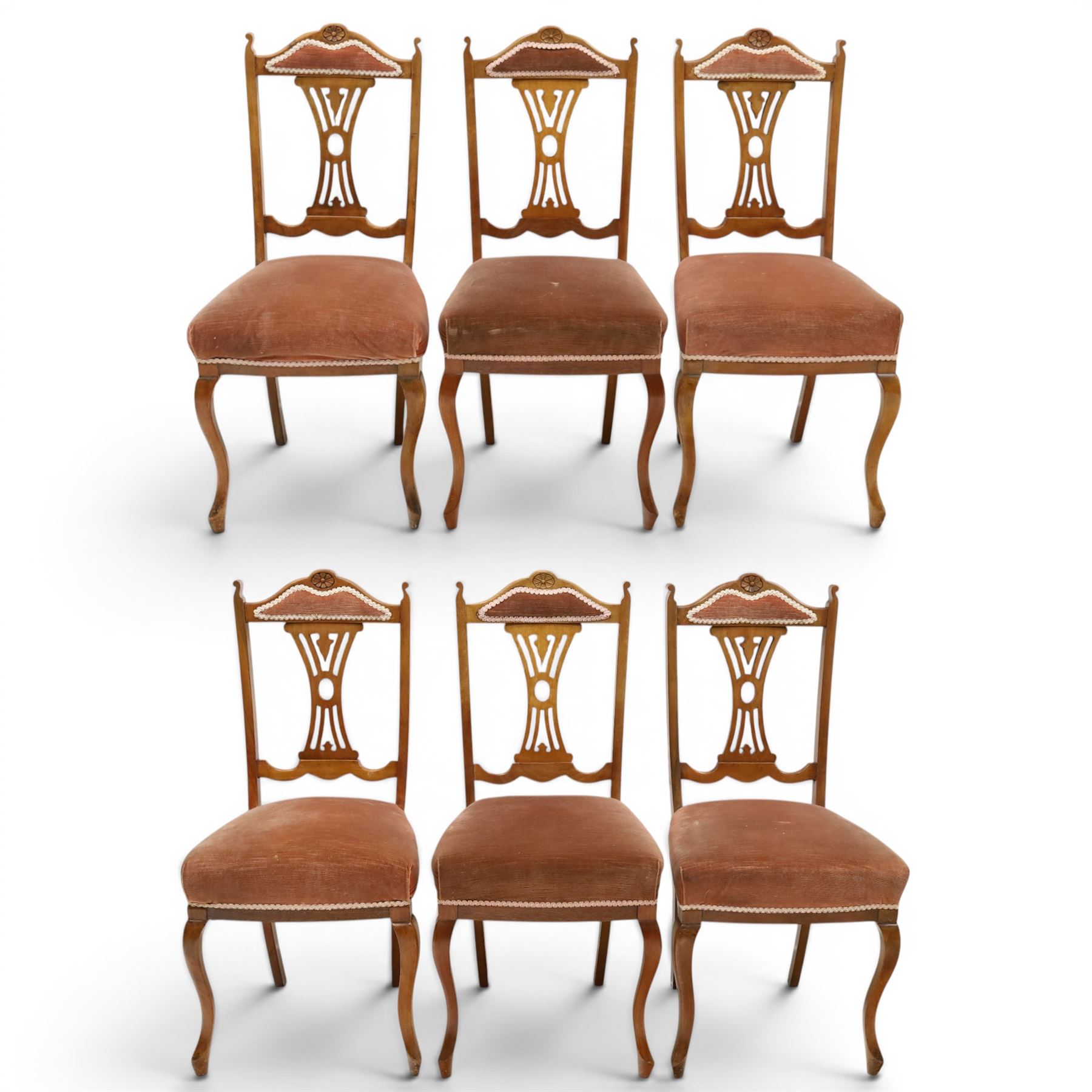 Acornman -Set of four early 19th century mahogany dining chairs and two matching chairs by Alan 'Acornman' Grainger, shaped cresting rail with upholstered top above a pierced splat back, overstuffed pink velvet seat, raised on cabriole supports, two with signature carved acorn, by the workshop of Alan Grainger of Brandsby