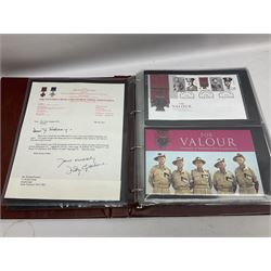 Album containing over seventy Victoria Cross and George Cross related First Day Covers, Medal Covers, Coin Covers, PHQ cards and postcards, Presentation Packs etc; some bearing signatures of the recipient.