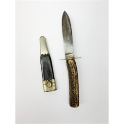 Late 19th century hunting knife by Davie11cm spear point blade, antler grip and leather sheath with nickel mounts overall 23.5cm
