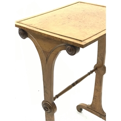 Early 20th century walnut occasional table, figured rectangular top on shaped end supports connected by turned stretcher, 48cm x 37cm, H73cm