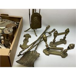 Quantity of brass fireside accessories, and small group of assorted metalware, to include silver plated tureen and cover, brass watering can, etc., in two boxes 