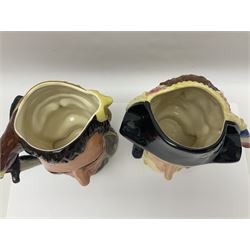 Royal Doulton two character jugs from the Star Crossed Lovers Collection, Antony & Cleopatra D6728 and Napoleon & Josephine D6750, together with two Royal Doulton Figures Micawber and Sairey Gamp