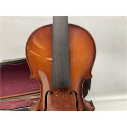 German trade violin 1950s with 36cm two-piece maple back and ribs and spruce top, bears label 'Johann Stainer in Absam prope Oenipontum 1650' L59cm; in carrying case with bow impressed Tourte