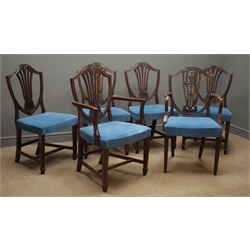  Set five (4+1) 20th century mahogany Hepplewhite style dining chairs, shield backs, upholstered seats, and an additional carver armchair  
