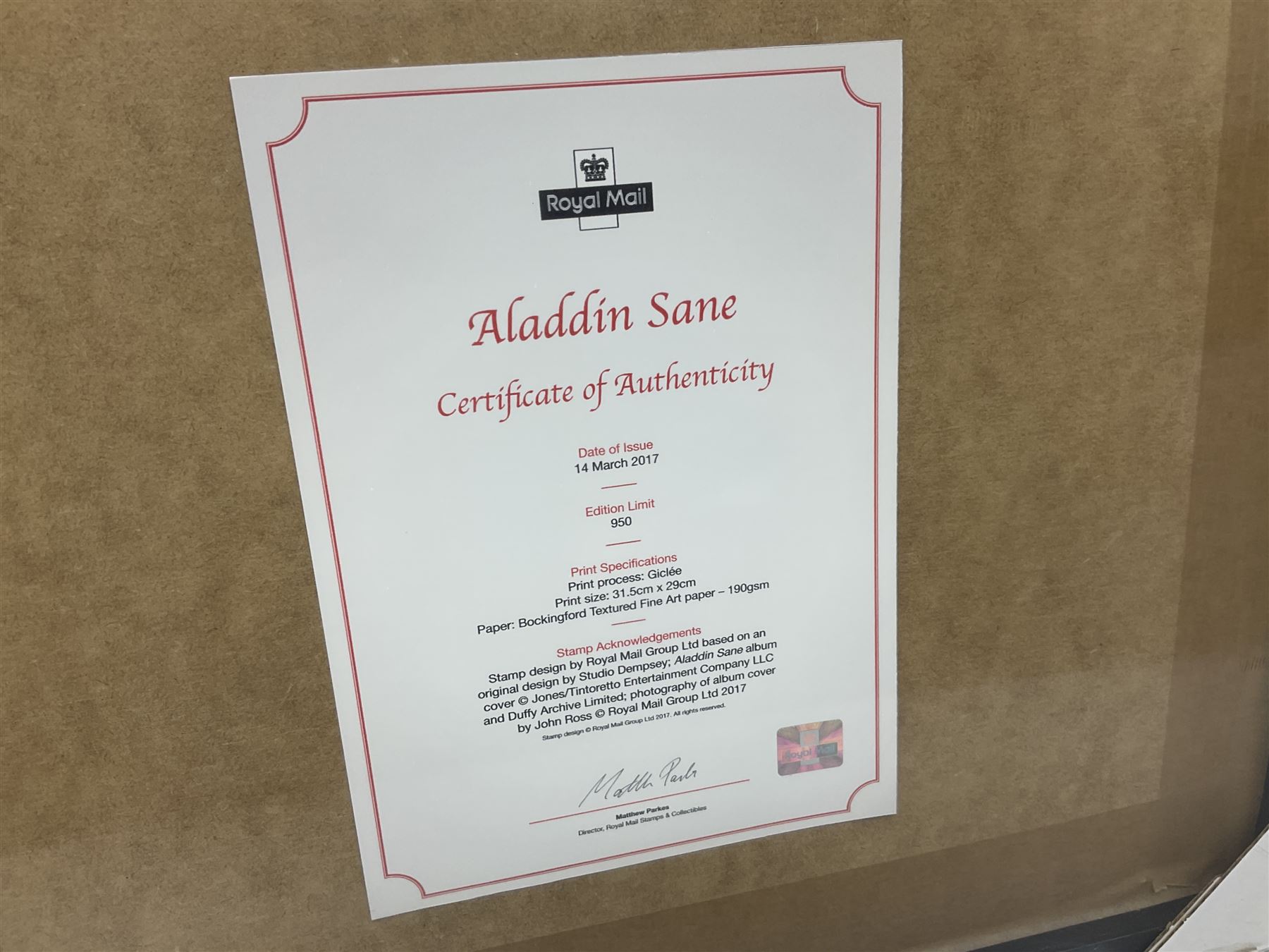 Set of four Royal Mail David Bowie limited edition album stamp prints, comprising Blackstar, Heroes, Let's Dance and Aladdin Sane, all framed and in original packaging, H43cm W43cm