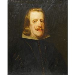 Follower of Diego Velázquez (Spanish 1599-1660): Half Length Portrait of King Philip IV of Spain, 18th century oil on canvas indistinctly inscribed 'R.G. fece da Velazquez' 62cm x 51cm