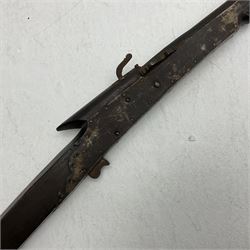 19th century Indian matchlock musket, approximately 20-bore, the 79cm barrel with three bands, plain oak full stock impressed 2954, metal covered breech and solid trigger L135cm overall