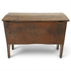 Small 17th century six plank oak coffer, figured top with iron pintle type hinges,  pegged boarded sides, large lock plate with rivets, plank ends continuing down as supports