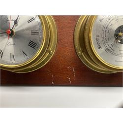 Wall hanging Spectrum quartz clock and Weathermaster barometer, together with six turned spokes ship wheel with brass central boss, D48cm