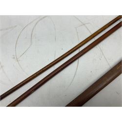 George V 1897 pattern Army Officer's sword by Henry Wilkinson Pall Mall London, the 82.5cm 'London Made' blade etched to both sides with Royal Crests and cyphers etc, pierced half-basket hilt with wire-bound fish skin grip and remains of leather knot strap; in leather covered field service scabbard L101cm overall; and two 14th Prince of Wales Own swagger sticks (3)