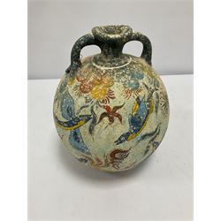 Reproduction Ancient Greek twin handled vase of ovoid form, in the style of Crete Minoan period 1500 B.C, adorned with colourful sea scene of coral and blue fish upon light blue ground, stamped 'From Krete' beneath, H27cm