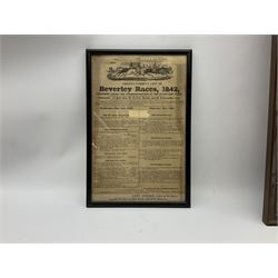 Two 19th century Beverley Race posters - 11th/12th May 1842 with vignette of a horse race 35 x 23cm; and 17th March 1854; each in ebonised frame; together with 'Notice of Poll .... Beverley No.5 Ward' 6th May 1976 78 x 43cm in mahogany stained frame (3)
