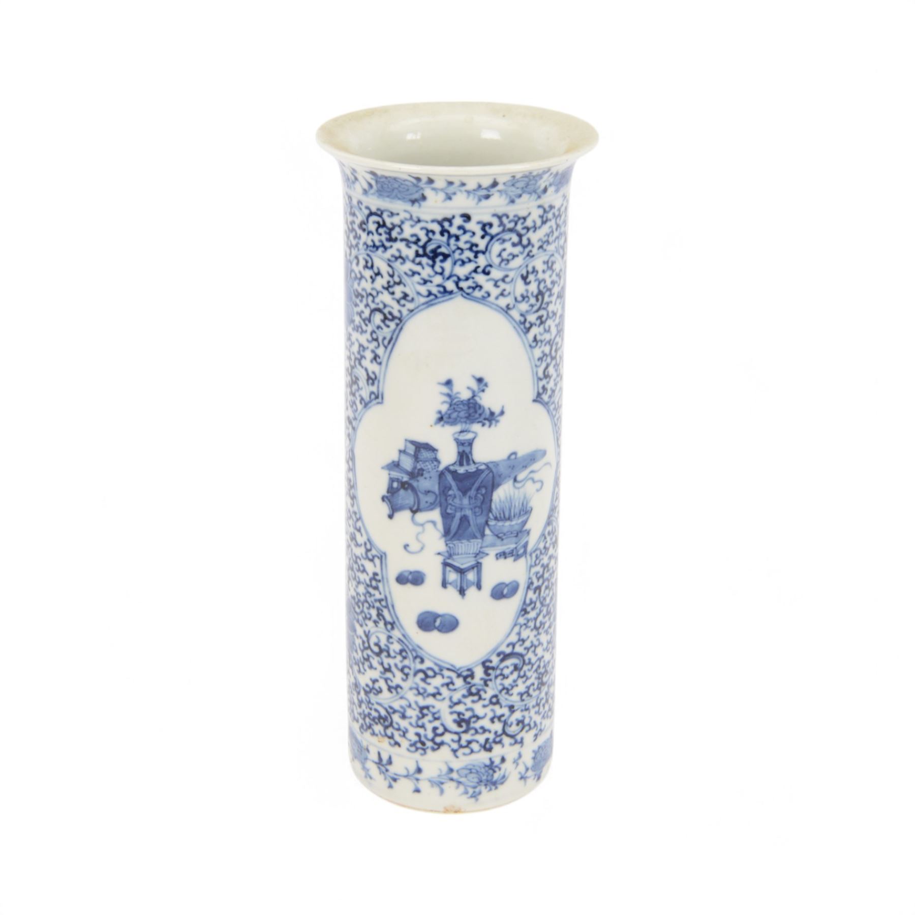 Chinese blue and white cylinder vase, the central panel decorated with vases and domestic objects, with a scrolling floral design, with character marks beneath, H30cm