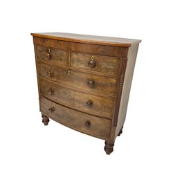 Late 19th century mahogany bow-front chest, fitted with two short drawers over three long drawers each with cockbeaded fronts, raised on turned feet