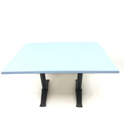  Metal twin pedestal caftable with sky blue top (W120cm, H74cm), D80cm) and another with wood effect top (W122cm, H73cm, D61cm) (2)  mao1607  