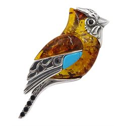Silver turquoise and amber bird brooch