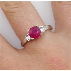 18ct white gold round ruby and baguette diamond ring, hallmarked, ruby approx 0.80 carat