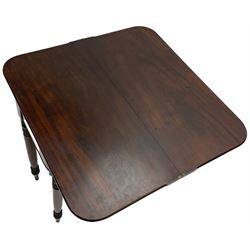 Victorian mahogany tea table, rectangular swivel fold-over top with rounded corners, on ring turned supports 