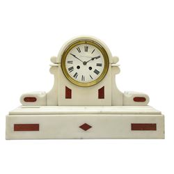 Late 19th century eight-day French mantle clock in a white marble case with contrasting rouge marble inserts to the front, round topped case with carved volutes and  conforming sidepieces, on a deep rectangular plinth, with a rack striking movement striking the hours and half hours on a bell, 4-3/4”  enamel dial with Roman numerals, minute markers and steel spade hands, flat bevelled glass within a cast bezel, retailers name “Bracher & Sydenham, Reading” inscribed on the dial, with pendulum. 



