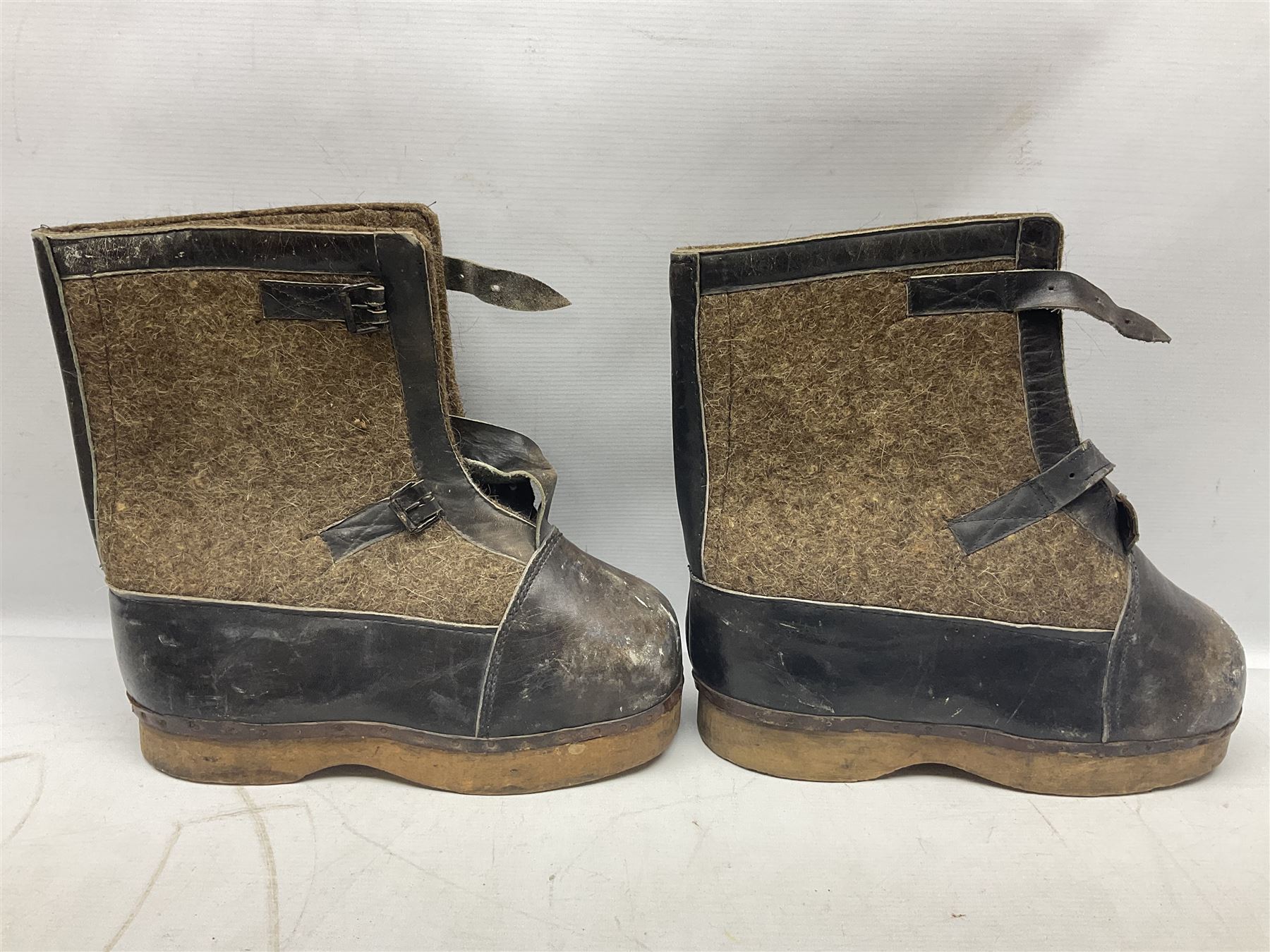 Pair of German winter snow boots, leather and felt with wooden soles; together with a replica WW2 German Luftwaffe car pennant (3)