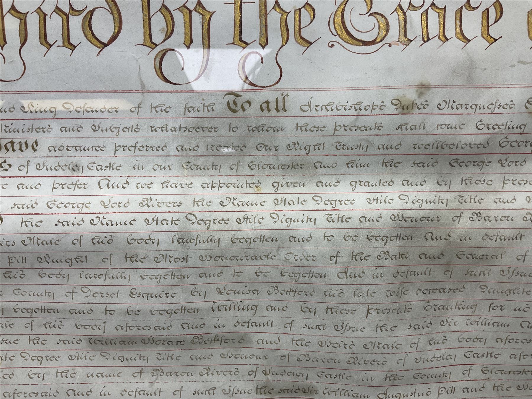 Large 18th century framed and glazed Indenture for King George III to George Rivers, Lord Rivers of Straths Saye, including frame H92.5cm L107.5cm
