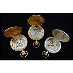 Two American open face lever pocket watches by Waltham, one in a gold-plated case No. 29610822, the other in a silver case No. 27014944 hallmarked and a full hunter pocket watch by Thomas Russell & Son Liverpool (3)