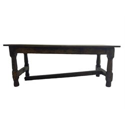 18th century and later oak refectory dining table, fitted with end drawer, raised on turned supports united by stretcher
