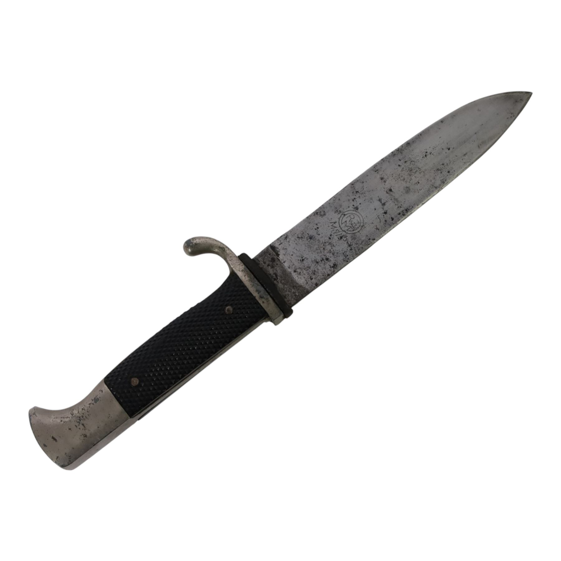 WWII German Third Reich Hitler Youth knife, the 13cm blade marked RZM M7/13, chequered black grip with inset enamel diamond shaped insignia, with scabbard and leather frog, overall L25cm