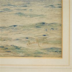 Charles Gregory (British 1849-1920): Fishing off the Coast, watercolour signed and dated 1872, 22cm x 35cm; Louis Neville (British fl.1887-1914): Yacht at Full Sail, watercolour signed and dated 1902, 24cm x 34cm (2)