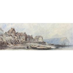 Paul Marny (French/British 1829-1914): Staithes Waterfront, watercolour signed, original John Linn of Scarborough label verso 16cm x 43cm