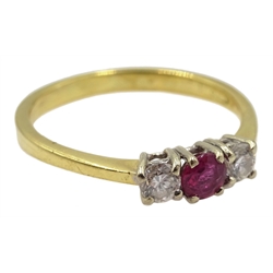  18ct gold ruby and diamond three stone ring, London 1989