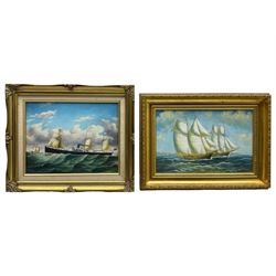 Continental School (20th century): Steam and Sail Ships, two oils on board by different hands 27cm x 35cm and 24cm x 37cm; Still Life with Wine, oil on canvas signed Helen Keyes 29cm x 39cm; together with a small chromolithograph (4)