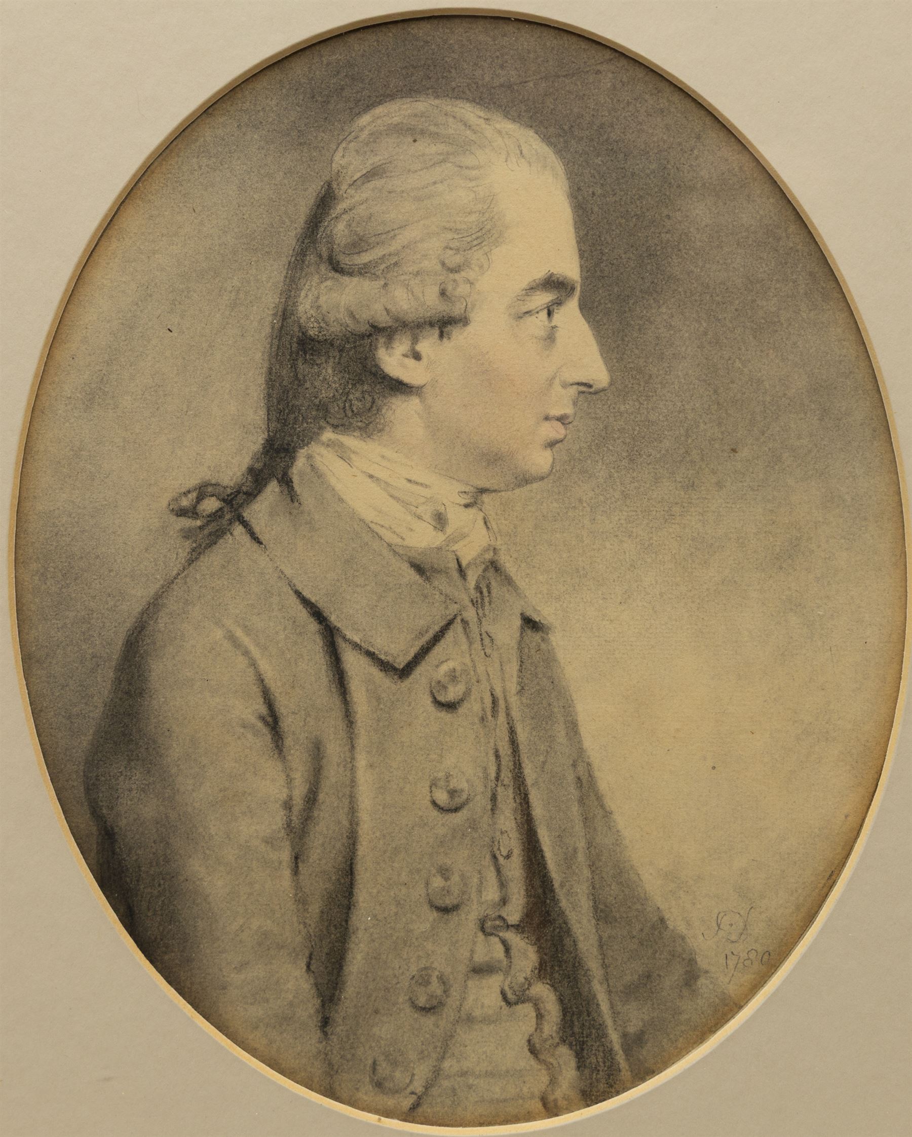 John Downman (British 1750-1824): 'Portrait of William Jackson Esquire of Exeter - The Celebrated Composer', oval watercolour signed with initials and dated 1780, inscribed below with label verso 20cm x 16.5cm
Provenance: Presented by Her Royal Highness Princess Louise Duchess of Argyll