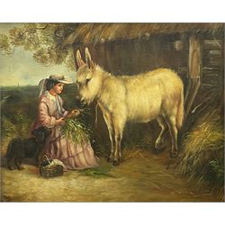 Continental School (Mid-20th century): Girl Feeding Donkey by Stable, oil on canvas indistinctly signed 34cm x 42cm