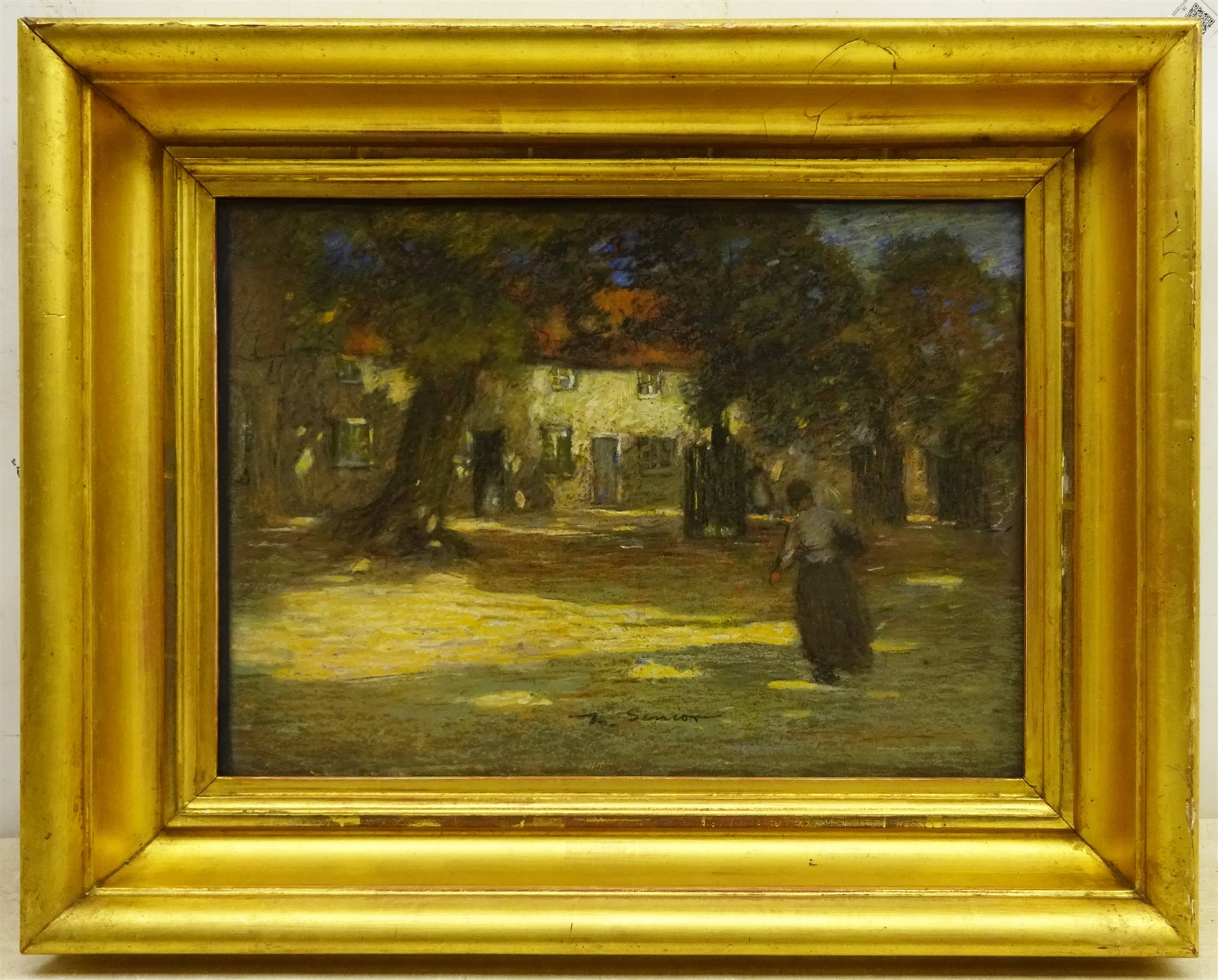 Mark Senior (Staithes Group 1862-1927): Village Cottages in Dappled Sunlight, pastel signed 26cm x 36cm