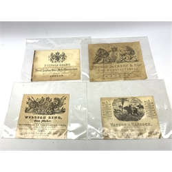 Brass and tin powder magazine by B.E. Chaplin of conical form with glazed see-through nozzle H27cm; eight reprinted gun case labels for Holland & Holland, Thomas Jackson & Son, William Ling, Watson & Hancock, Williams & Powell etc; and quantity of empty cartridge boxes and pellet tins