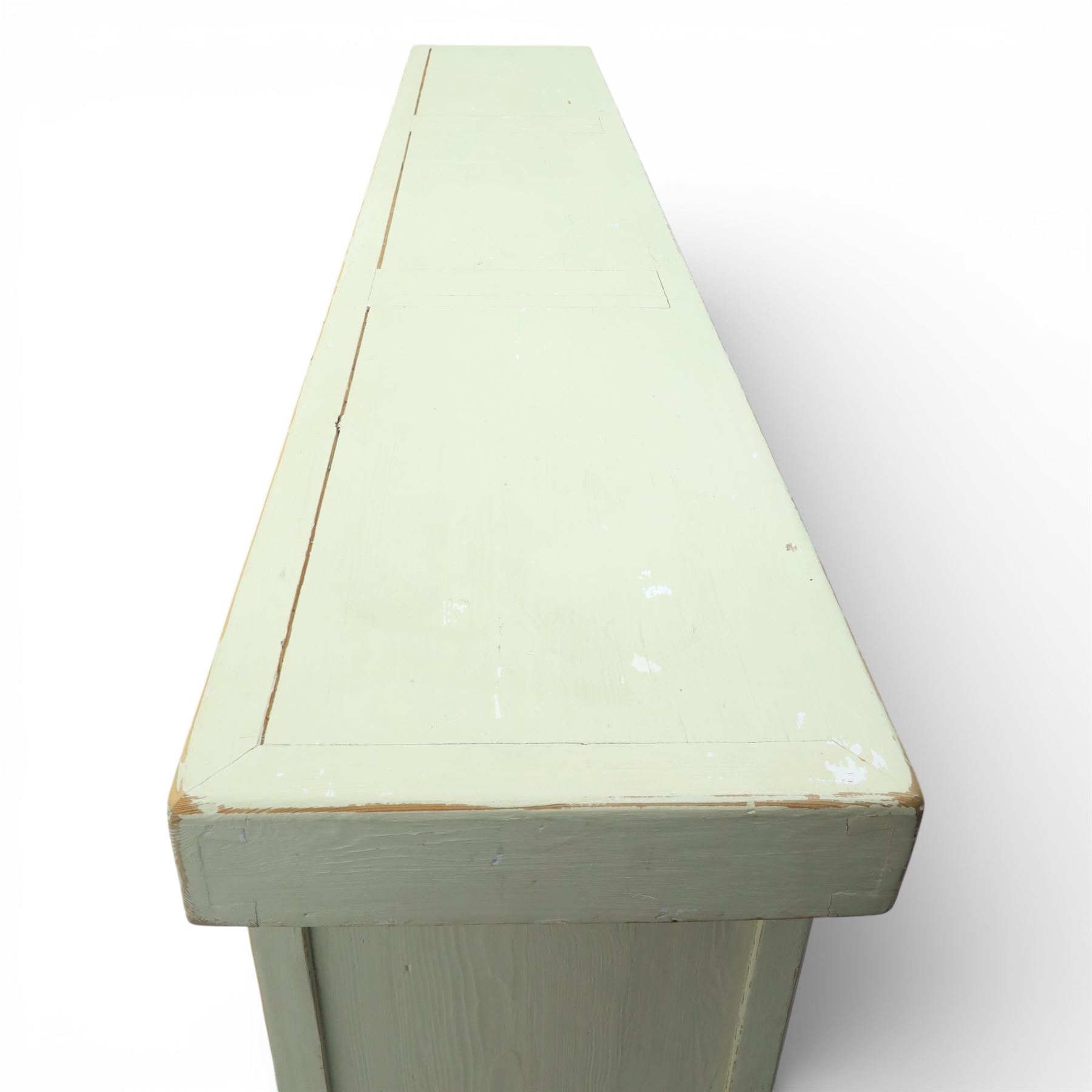 Large painted pine dresser sideboard, fitted with three drawers and five cupboards