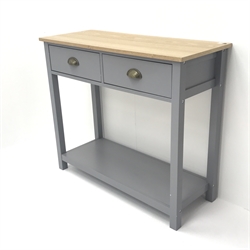  Contemporary oak finish side table, two drawers, square supports joined by single under shelf, W88cm, H76cm, D36cm  