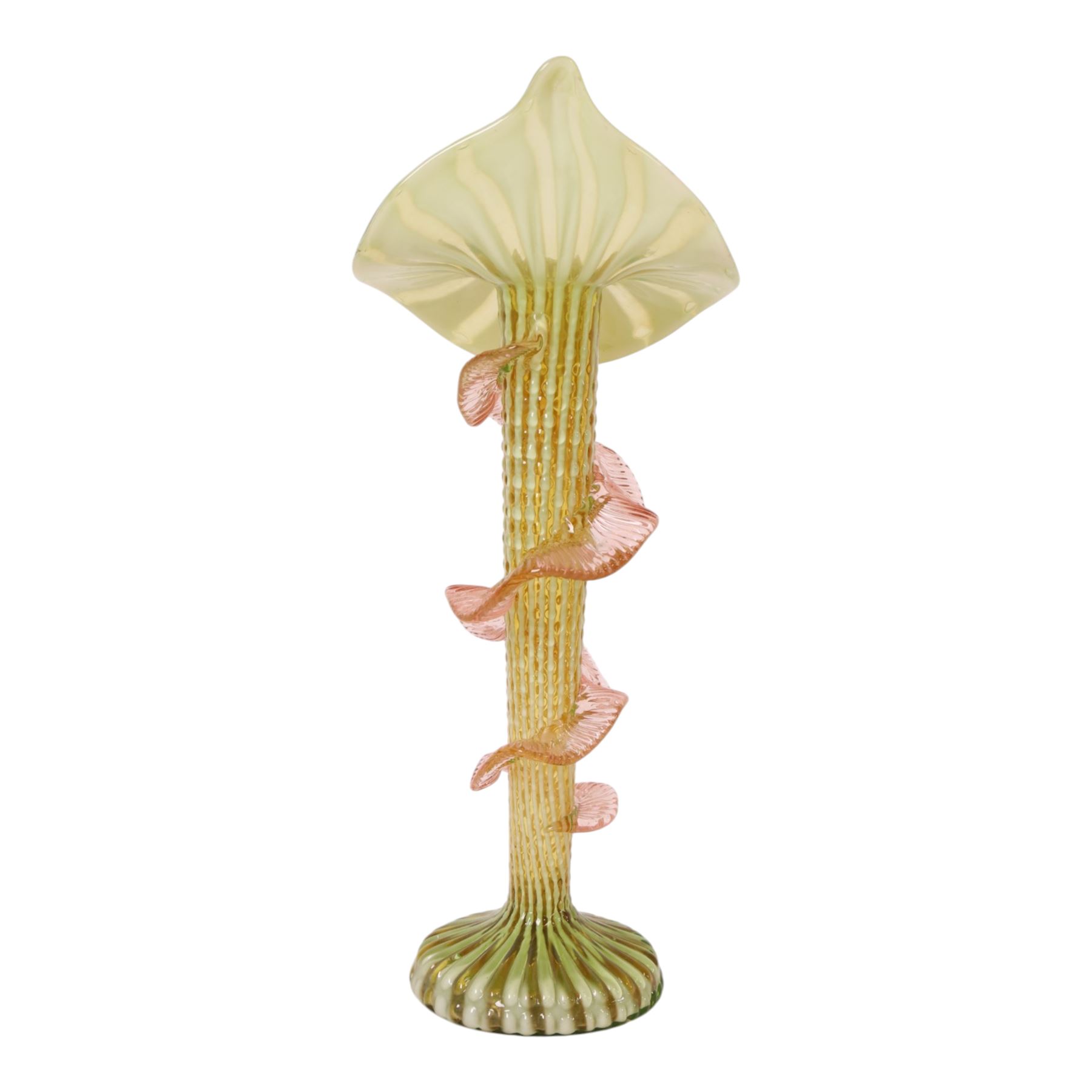 Victorian Jack in the Pulpit Vaseline glass vase, in shades of green and pink, H32cm