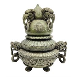 Three piece Chinese censer, sculptured hardstone, with ring and dragon-head handles and raised upon three paw feet, H26cm