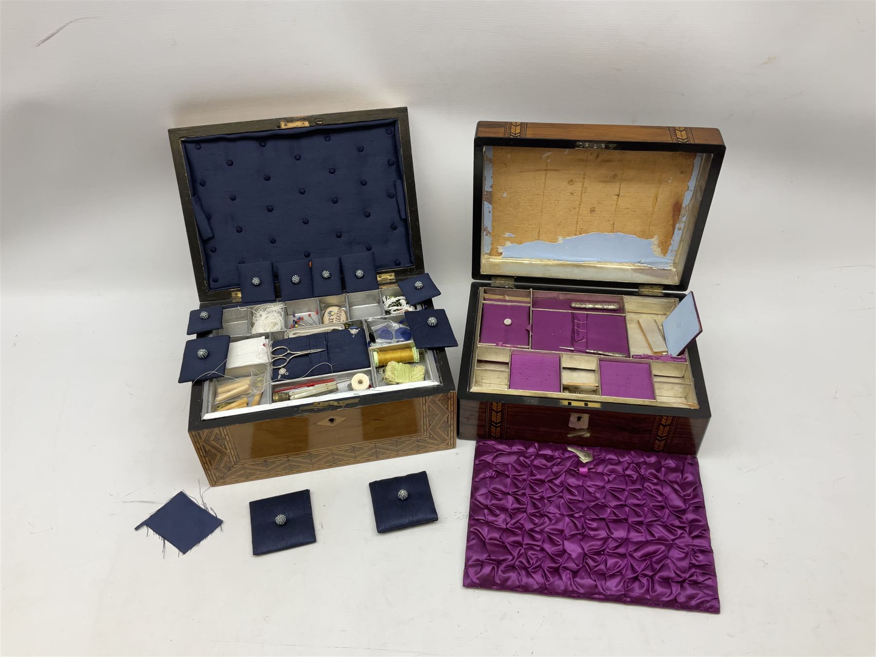 Oak sewing box with geometric inlaid decoration, the hinged lid lifting to reveal compartmented interior with lift out tray together with another mahogany example with mother of pearl and marquetry inlay decoration, both for restoration, largest H15cm W30cm D22cm