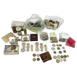 Great British and World coins including pre-decimal pennies, small number of pre 1920 silver coins, Queen Victoria 1844 half farthing, King George VI 1951 Festival of Britain crown, two Queen Elizabeth II 1953 nine coin sets in blister packs,  pre-euro coinage etc