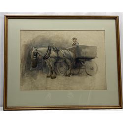Haydn Reynolds Mackey (British 1881-1979): Working Horse with Sussex Cart, watercolour unsigned 39cm x 56cm
Provenance: given by the artist to fellow artist and pupil Neil Tyler