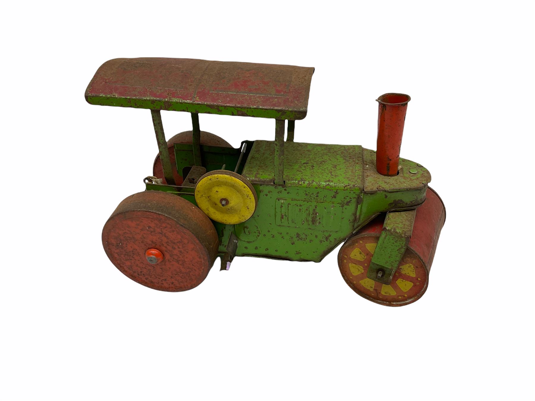 1991 Atlantic Bears limited edition black teddy bear, the revolving head with applied eyes, vertically stitched nose and jointed limbs with growler mechanism No.84/100 H53cm; together with clockwork tin-plate road roller possibly by Mettoy and a push-along painted scratch built wooden locomotive (3)