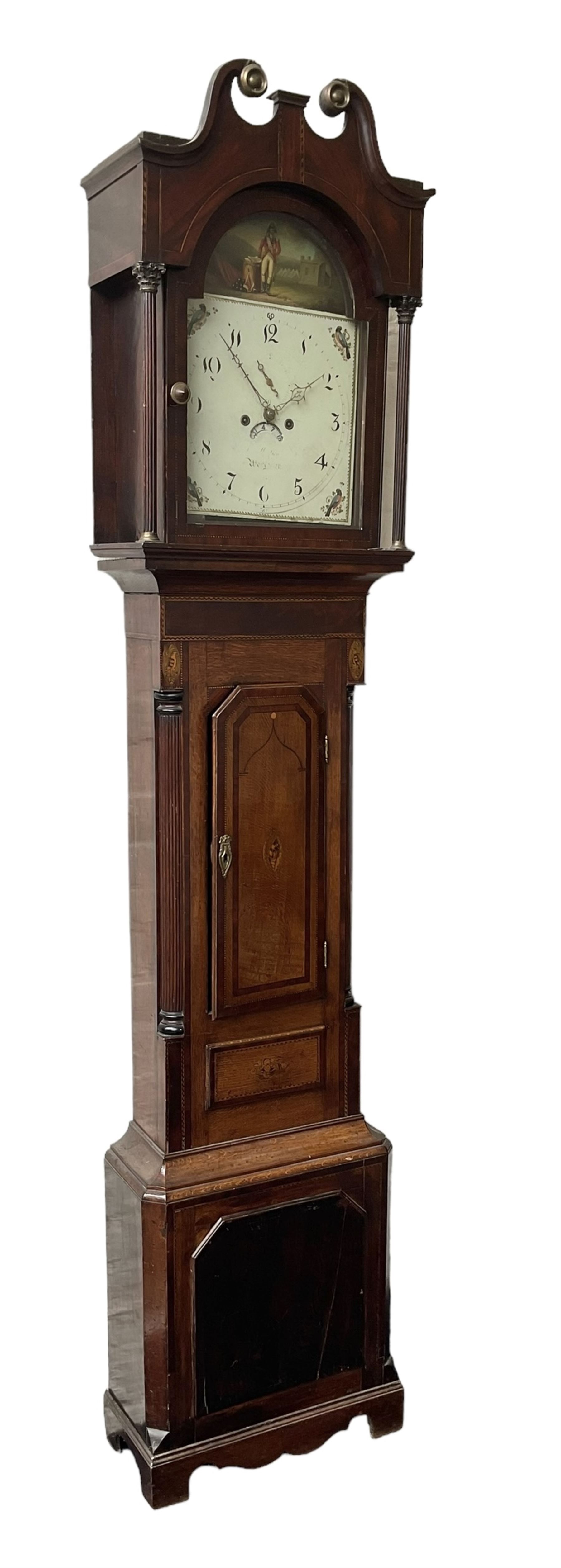 Oak and Mahogany - 8-day longcase clock c1830 with a swan necked pediment and break arch hood door beneath flanked by reeded pilasters with Corinthian capitals,  trunk with three quarter reeded columns and a short door with canted corners, on a conforming plinth with a raised panel, painted dial with Arabic numerals, painted birds to the spandrels and a depiction of a soldier and encampment to the arch, with subsidiary calendar aperture and seconds dial, makers name indistinct, with a rack striking movement striking the hours on a bell.  No weights or pendulum.