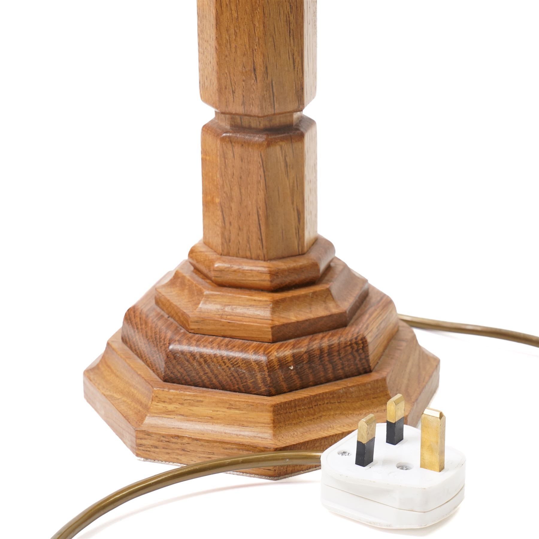 Near pair of Yorkshire oak table lamps of panel sided design on stepped hexagonal bases, taller 31.5cm excluding fitting