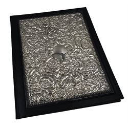 Modern silver mounted leather writing case, with repousse floral and foliate decoration to the silver cover, hallmarked Laurence R Watson & Co, Sheffield 1991, H29.5cm, boxed