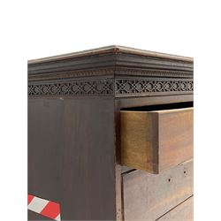George III mahogany chest, projecting cornice over blind-fretwork frieze, fitted with two short over three long cock-beaded drawers