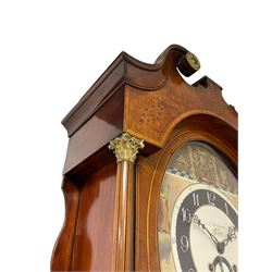 John Stonehouse of Leeds - mahogany 8-day longcase clock with a painted oval dial c1830, hood with a swans necked pediment and profuse contrasting inlay to both the hood and case, oval hood door with flanking pilasters and Corinthian capitals, conforming case with canted corners and short triple spire door, broad plinth with matching inlay and canted corners on shallow base, dial depicting masonic regalia, symbols, and pictorial depictions of the humanities, faith, hope, charity and righteousness, black chapter with white roman Arabic’s, date recorder and matching “crown” hands, dial pinned to a rack striking movement with a recoil anchor escapement, striking the hours on a coiled underslung gong. With weights and gridiron pendulum. 
This clock case is of large, impressive dimensions and was almost certainly commissioned for a large masonic lodge in Leeds, a rare and unique example.