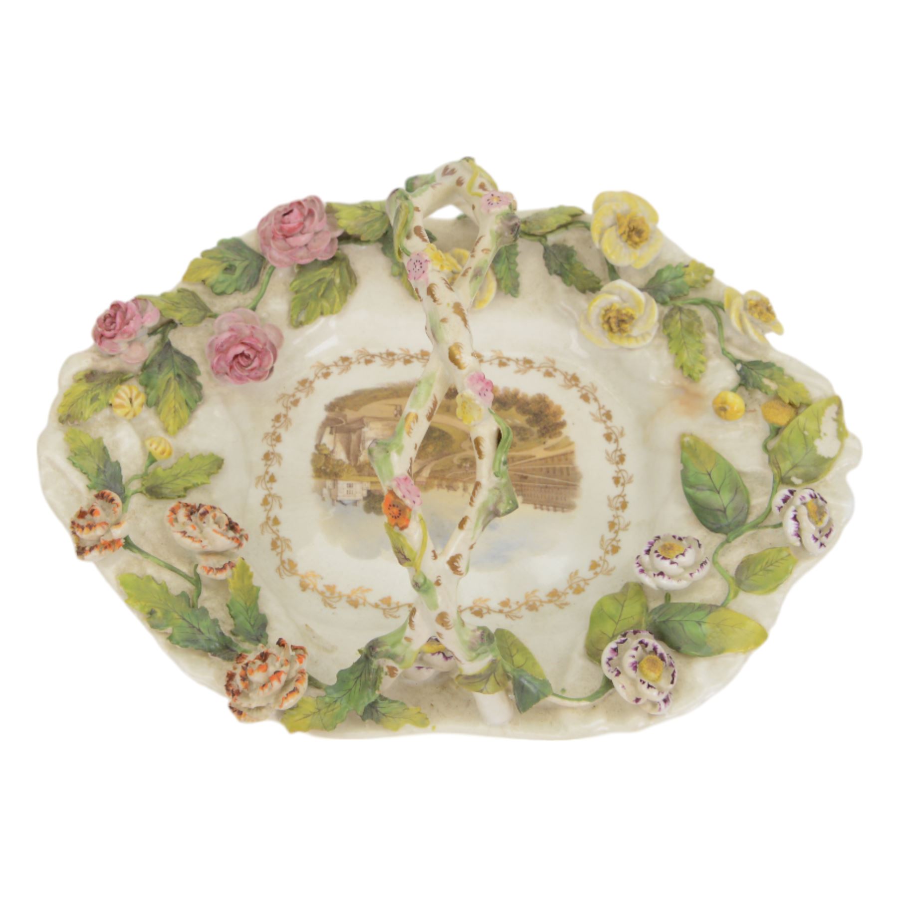 Early 19th century Rockingham porcelain basket, circa 1830, of elongated octagonal shape with gilt entwined, encrusted handle, the centre painted with a view of 'New Cemetery Liverpool', the rim encrusted and moulded with flowers and leaves, with puce Griffin mark and titled beneath, including handle H10.5cm W23cm